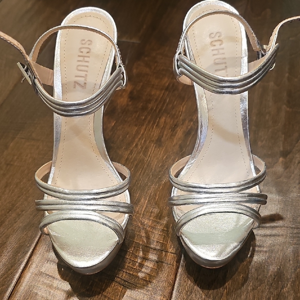 SCHUTZ Metallic Silver Strappy Heels